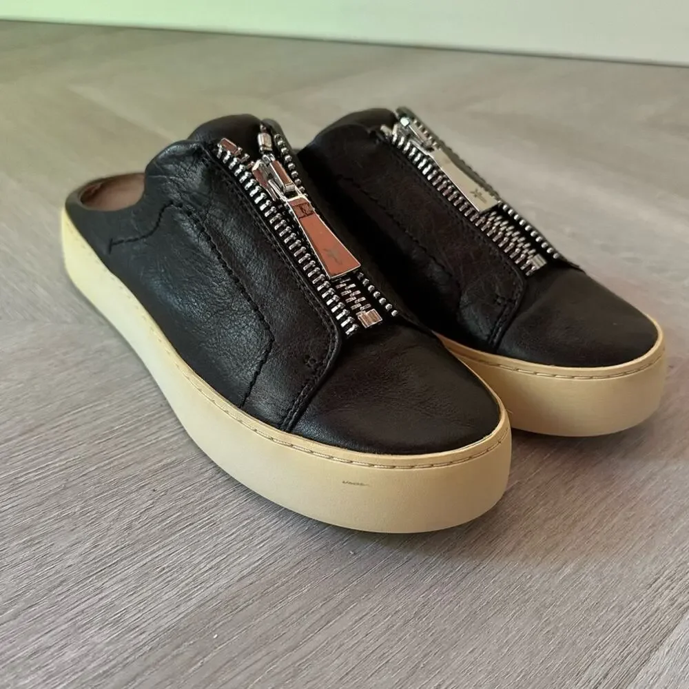 Frye Zipper Zip Lena Leather Mule Sneakers Black Slip On Shoes Slides Women's 6